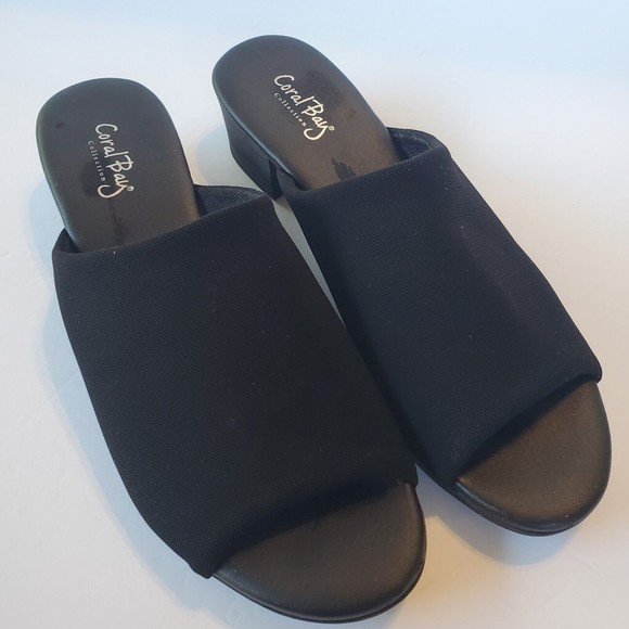 Coral Bay Shoes - Coral Bay Womens Sandals Size 9.5M Black Slip On Sara Stretch Upper 1.5" Heels